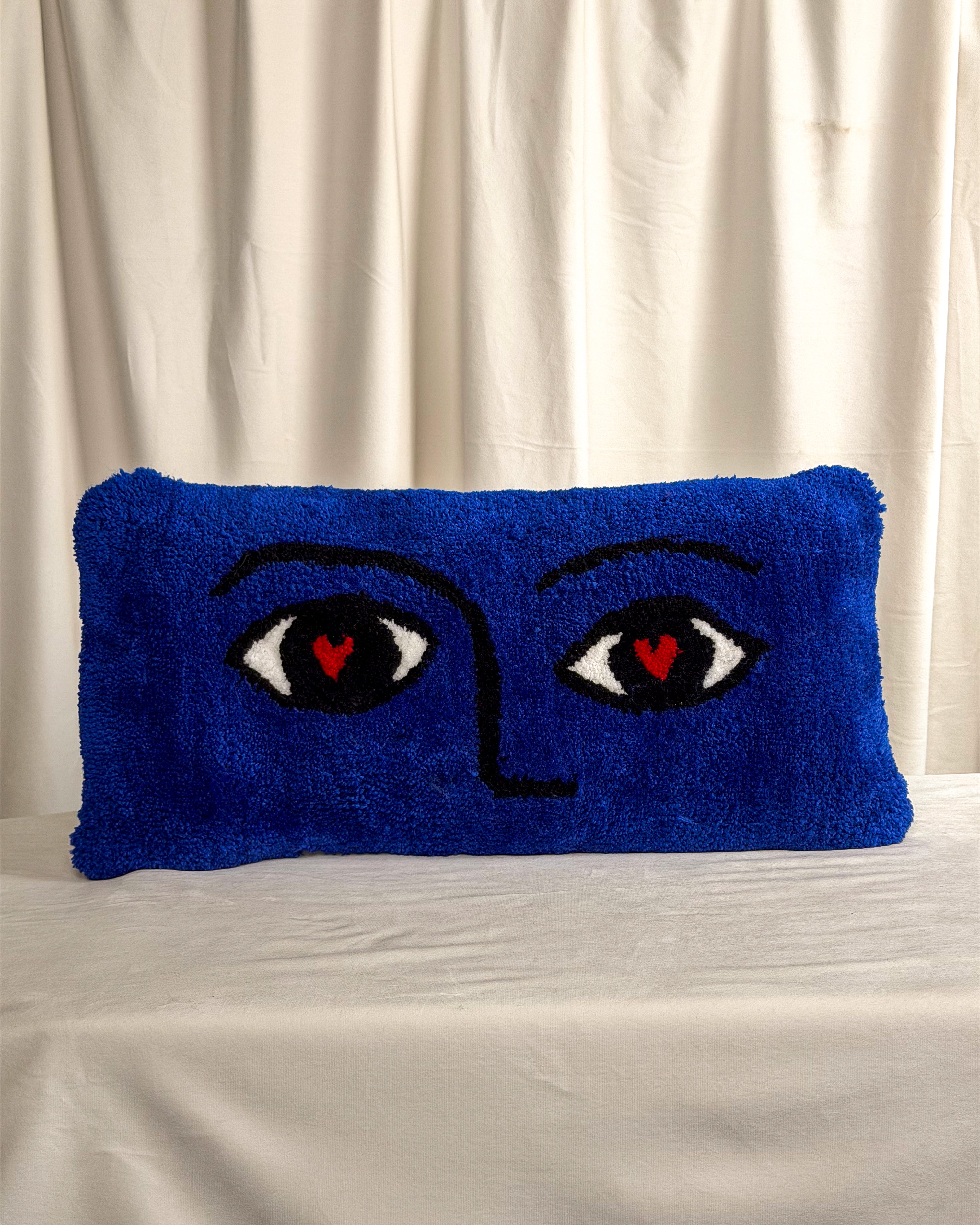 Cobalt Heart Eyes Tufted Pillow Cover